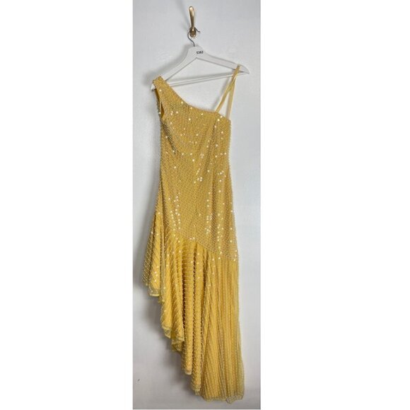 MAC DUGGAL Imitation Pearl One-Shoulder Asymmetric Gown in Yellow Size US 6 - Picture 6 of 8